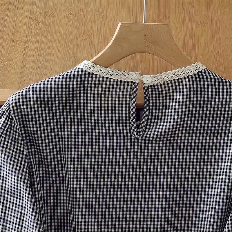 Buddha Stones Spring Fall Vintage Elegant Plaid Lace Trim Women's Long Sleeve T-Shirt - image 4