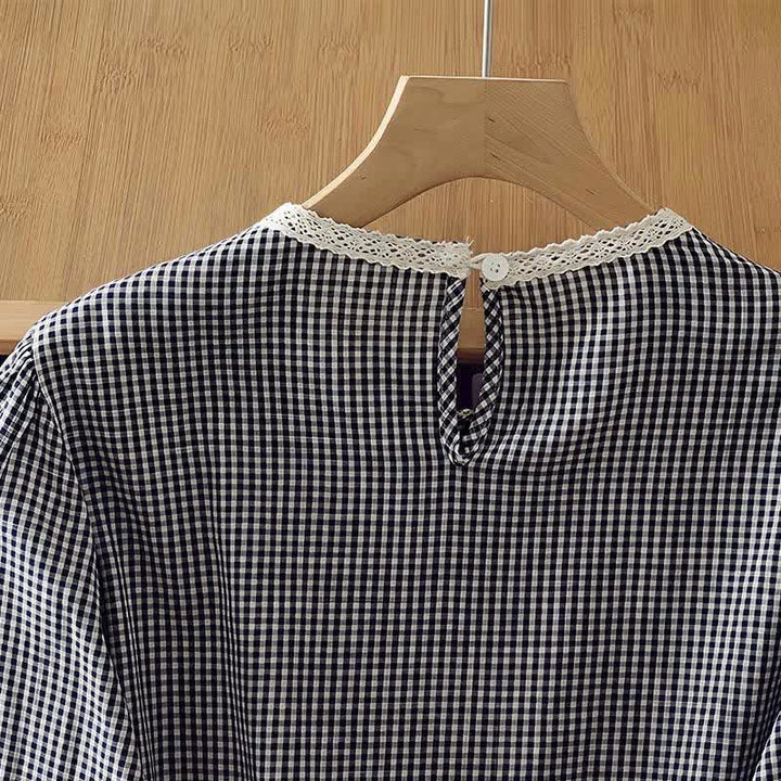 Buddha Stones Spring Fall Vintage Elegant Plaid Lace Trim Women's Long Sleeve T-Shirt - image 4