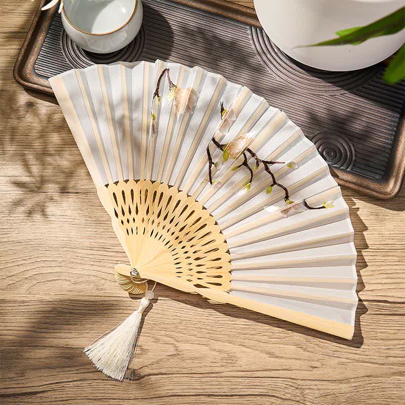 Buddha Stones Beige Magnolia Floral Elegant Bamboo Folding Fan 21 cm - image 5
