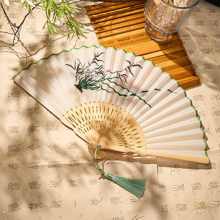 Buddha Stones Vintage Bamboo Orchid Willows Swallows Floral Pattern Growth Tassel Bamboo Folding Fan - Purple Orchids Bamboo(Closed Size: Approx. 21 cm / 8.3 in) - image 12