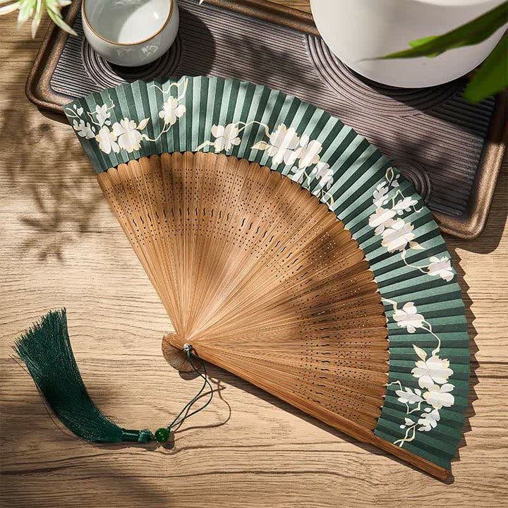Buddha Stones Retro Flower Paper Folding Fan 22.5 cm - Green(Closed Size: Approx. 22.5 cm / 8.9 in) - image 0