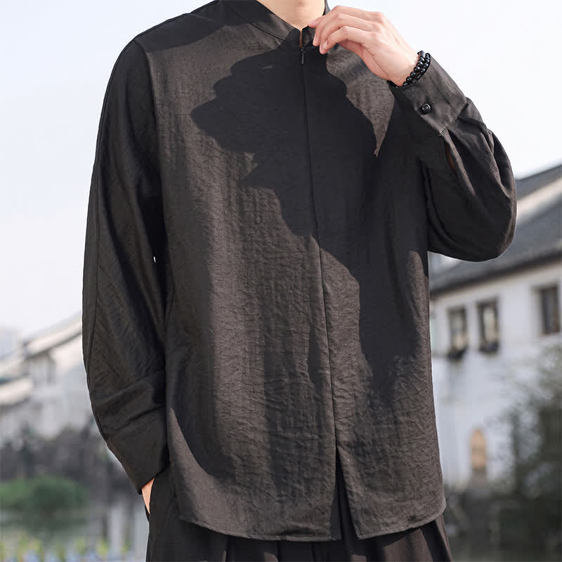 Buddha Stones Spring Summer Casual Minimalist Tang Style Mandarin Collar Solid Men's Long Sleeve Shirts - image 12