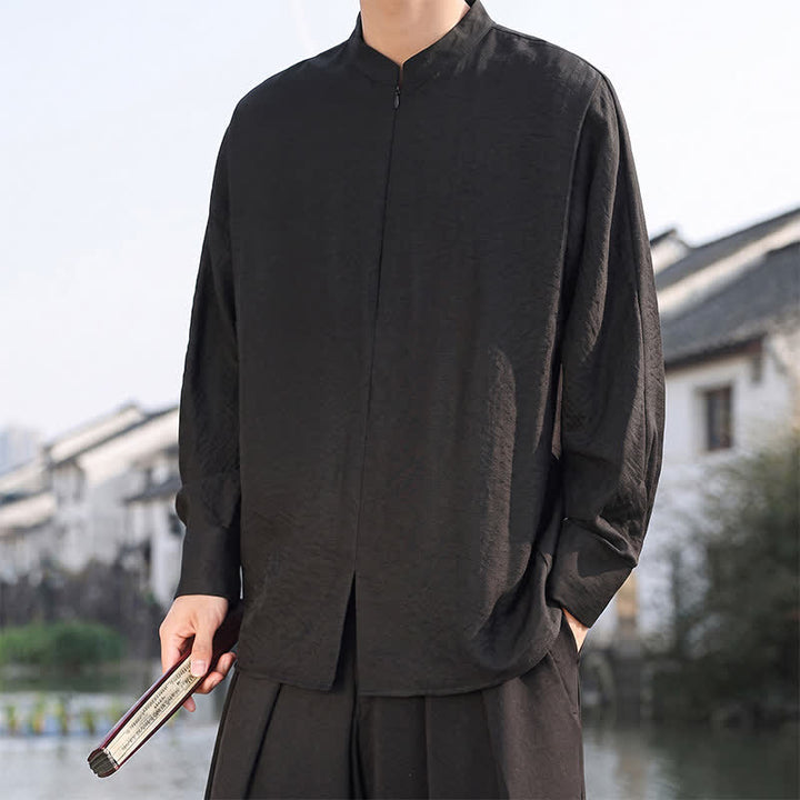 Buddha Stones Spring Summer Casual Minimalist Tang Style Mandarin Collar Solid Men's Long Sleeve Shirts - image 14