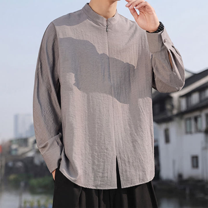 Buddha Stones Spring Summer Casual Minimalist Tang Style Mandarin Collar Solid Men's Long Sleeve Shirts - image 5