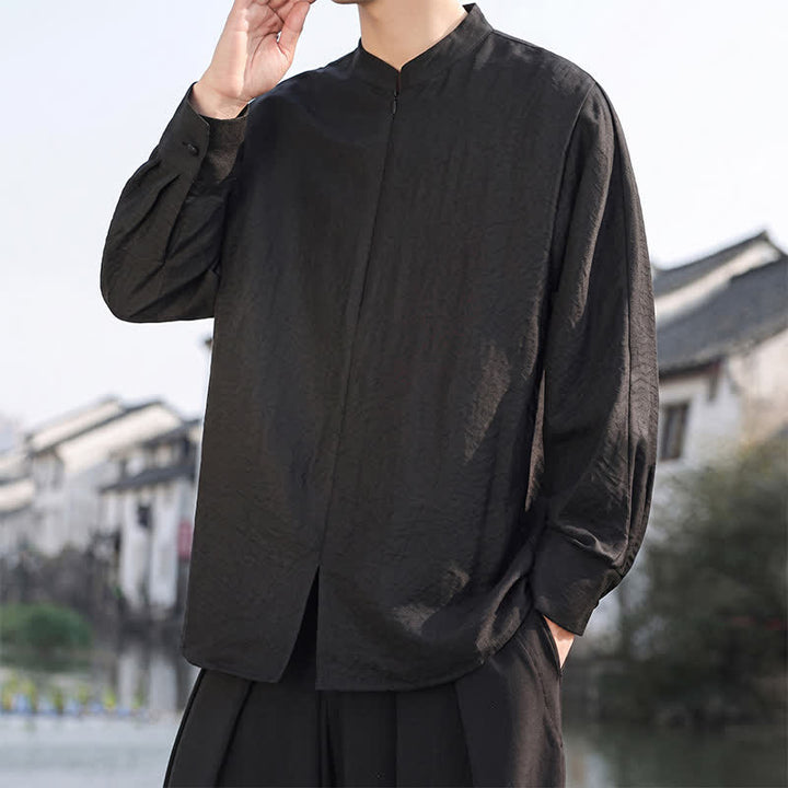 Buddha Stones Spring Summer Casual Minimalist Tang Style Mandarin Collar Solid Men's Long Sleeve Shirts - image 16