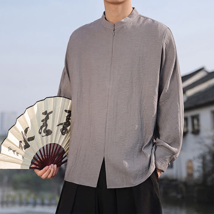 Buddha Stones Spring Summer Casual Minimalist Tang Style Mandarin Collar Solid Men's Long Sleeve Shirts - image 6