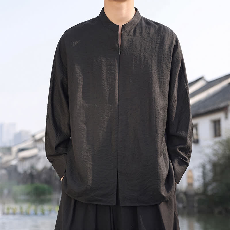 Buddha Stones Spring Summer Casual Minimalist Tang Style Mandarin Collar Solid Men's Long Sleeve Shirts - Black - US/UK/AU46，EU56 (5XL) - image 10