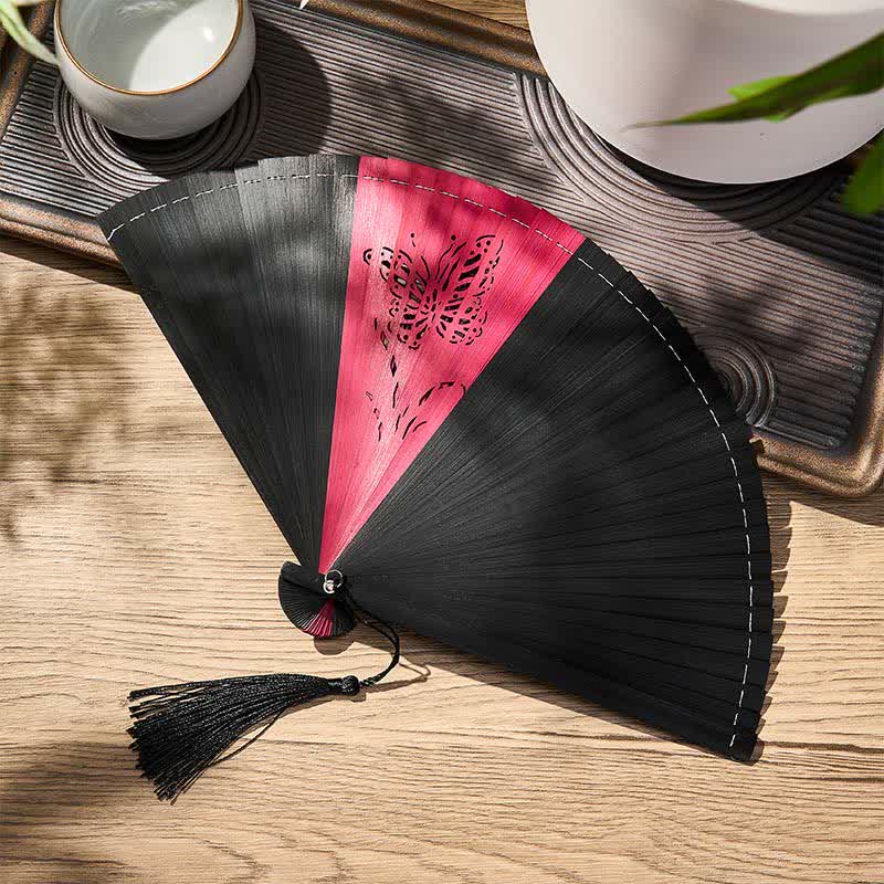 Buddha Stones Bamboo Butterfly Transformation Tassel Chinese Folding Fan - image 3