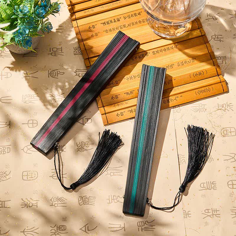 Buddha Stones Bamboo Butterfly Transformation Tassel Chinese Folding Fan - image 14