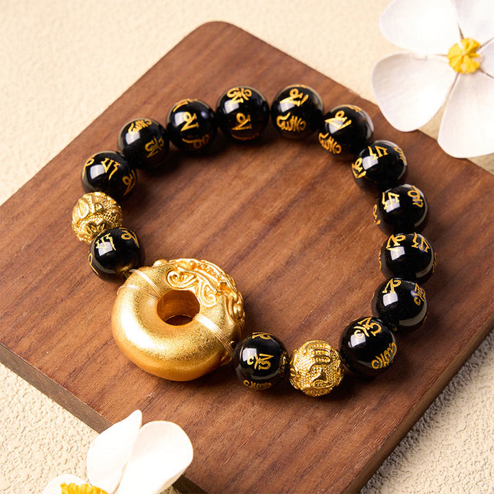 Buddha Stones Black Obsidian Pi Xiu Peace Buckle Om Mani Padme Hum Wealth Bracelet - image 4