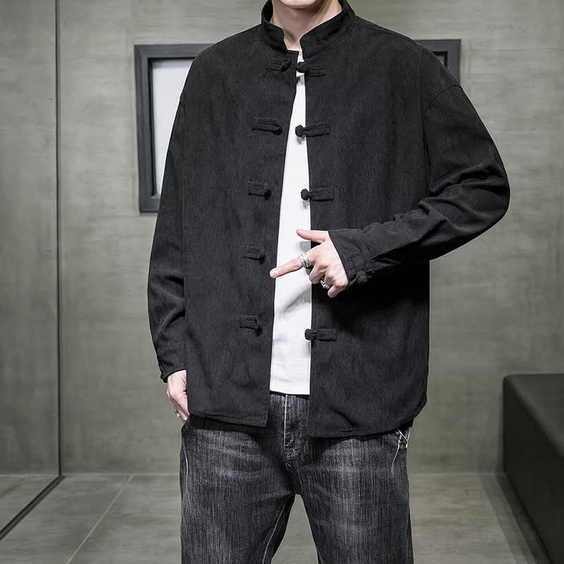 Buddha Stones Fall Winter Casual Tang Style Frog Button Solid Cotton Men's Jacket - image 22