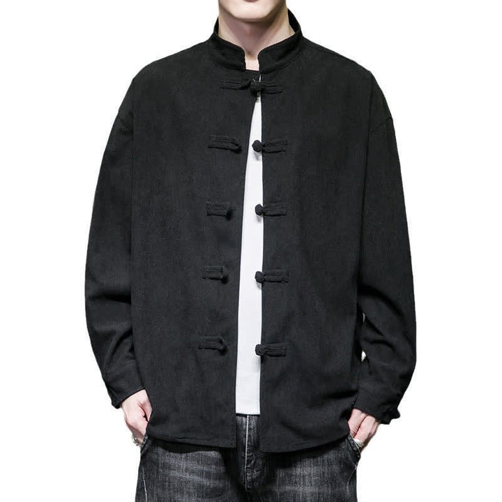 Buddha Stones Fall Winter Casual Tang Style Frog Button Solid Cotton Men's Jacket - image 23