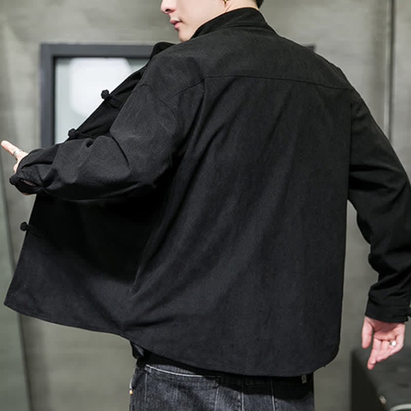 Buddha Stones Fall Winter Casual Tang Style Frog Button Solid Cotton Men's Jacket - image 21