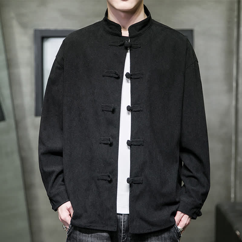 Buddha Stones Fall Winter Casual Tang Style Frog Button Solid Cotton Men's Jacket - Black - US/UK/AU46，EU56 (5XL) - image 17