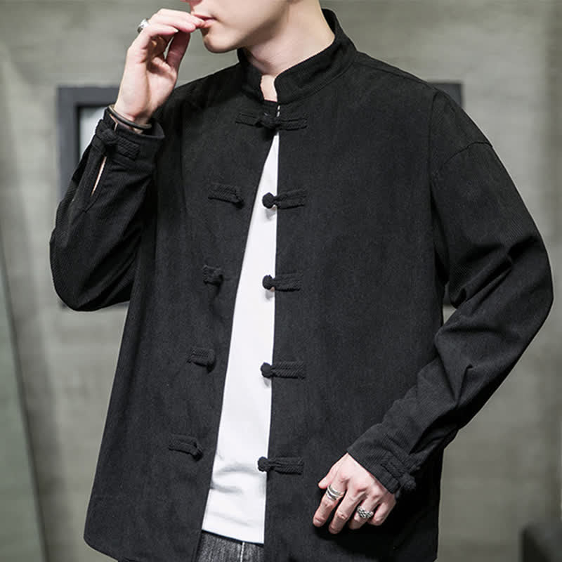 Buddha Stones Fall Winter Casual Tang Style Frog Button Solid Cotton Men's Jacket - image 18