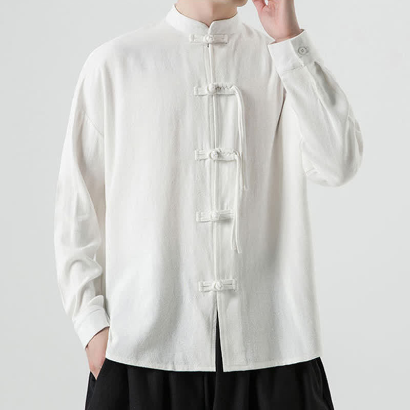 Buddha Stones Fall Winter Tang Style Vintage Frog Button Solid Cotton Linen Men's Jacket - image 10