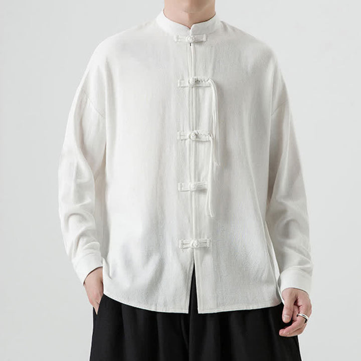 Buddha Stones Fall Winter Tang Style Vintage Frog Button Solid Cotton Linen Men's Jacket - image 12