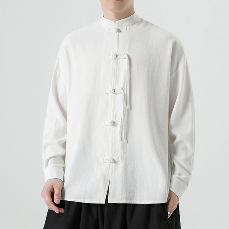 Buddha Stones Fall Winter Tang Style Vintage Frog Button Solid Cotton Linen Men's Jacket - image 15