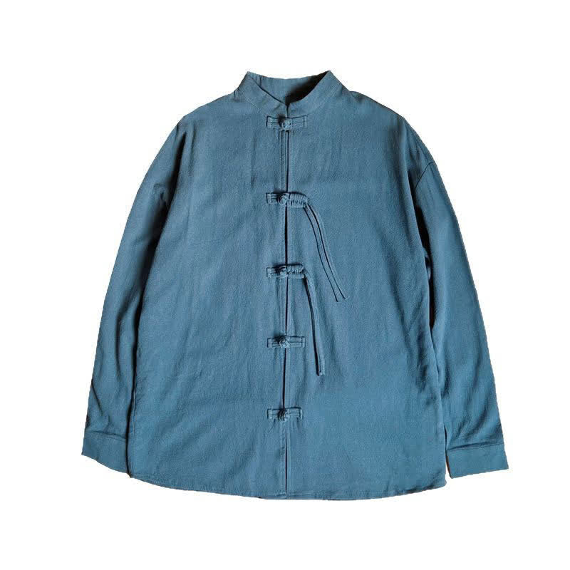 Buddha Stones Fall Winter Tang Style Vintage Frog Button Solid Cotton Linen Men's Jacket - image 8