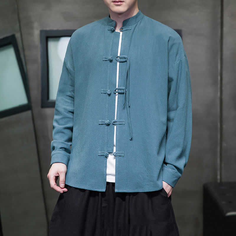 Buddha Stones Fall Winter Tang Style Vintage Frog Button Solid Cotton Linen Men's Jacket - CadetBlue - US/UK/AU46，EU56 (5XL) - image 0