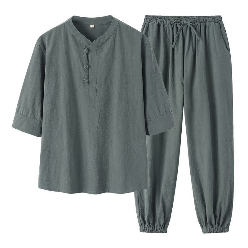 Buddha Stones 2Pcs Spring Summer Tang Style Mandarin Collar Elbow-Length Sleeve Solid Shirt Pants Cotton Men's Meditation Cloth With Pockets - image 4