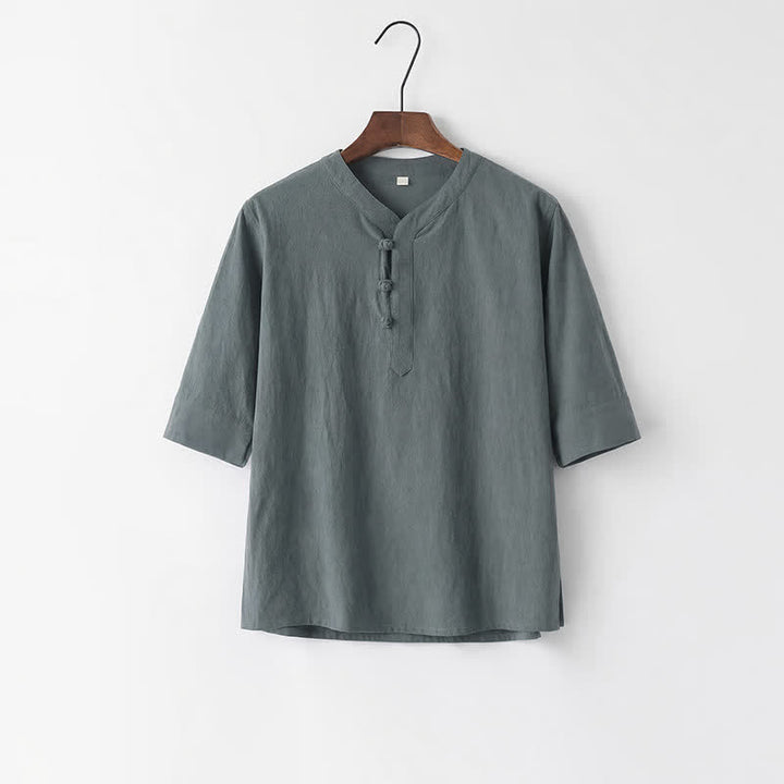 Buddha Stones 2Pcs Spring Summer Tang Style Mandarin Collar Elbow-Length Sleeve Solid Shirt Pants Cotton Men's Meditation Cloth With Pockets - image 5