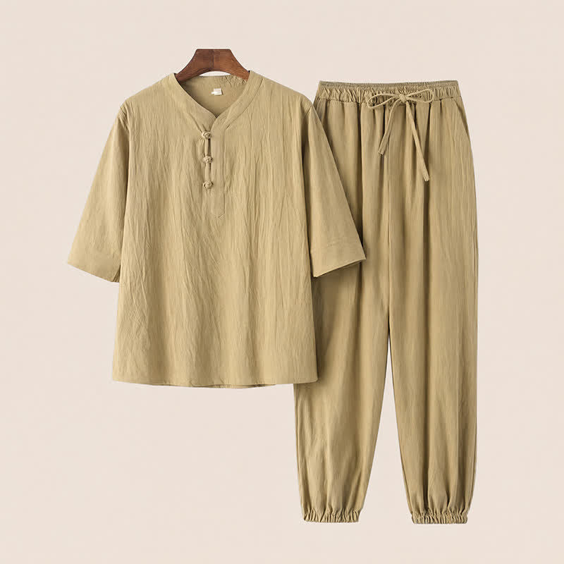 Buddha Stones 2Pcs Spring Summer Tang Style Mandarin Collar Elbow-Length Sleeve Solid Shirt Pants Cotton Men's Meditation Cloth With Pockets - PaleGoldenrod - US/UK/AU44，EU54 (4XL) - image 18