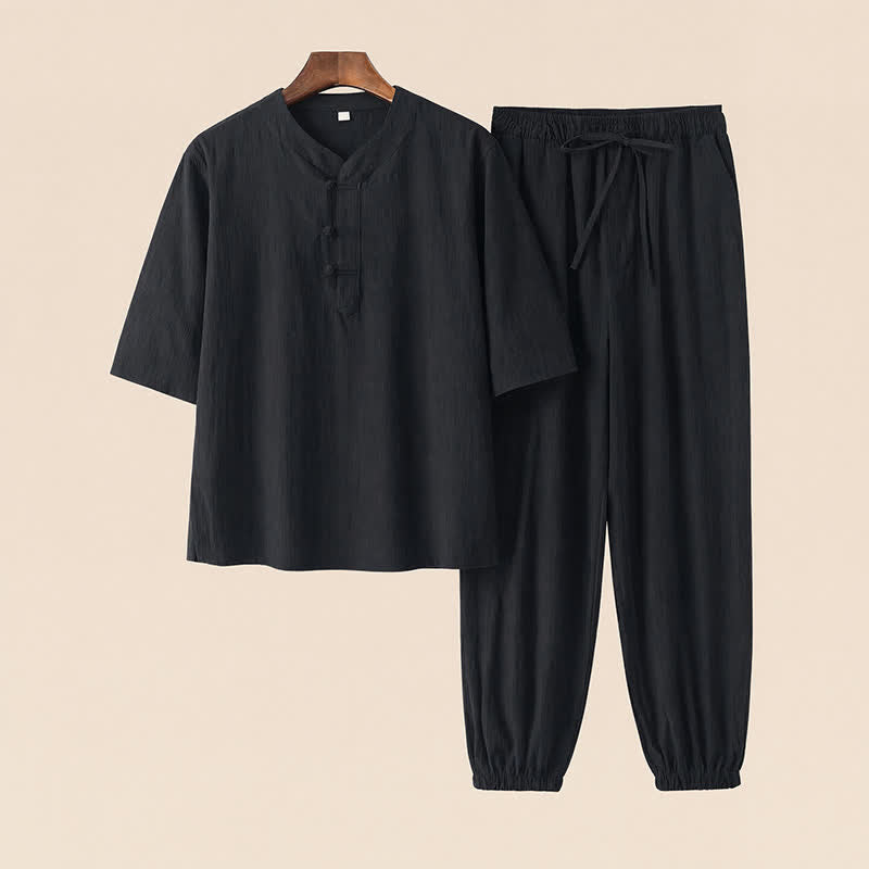 Buddha Stones 2Pcs Spring Summer Tang Style Mandarin Collar Elbow-Length Sleeve Solid Shirt Pants Cotton Men's Meditation Cloth With Pockets - Black - US/UK/AU44，EU54 (4XL) - image 15