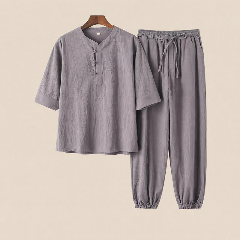Buddha Stones 2Pcs Spring Summer Tang Style Mandarin Collar Elbow-Length Sleeve Solid Shirt Pants Cotton Men's Meditation Cloth With Pockets - image 1