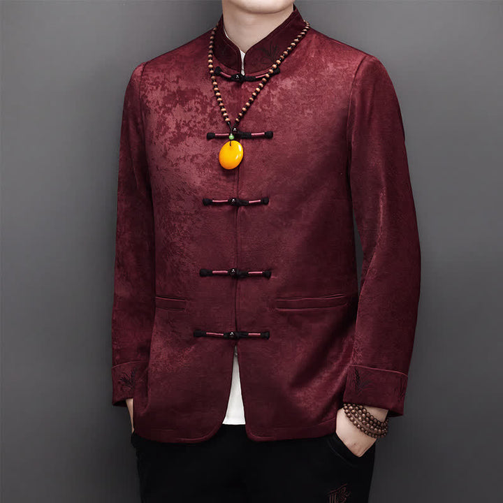 Buddha Stones 2Pcs Fall Winter Tang Style Elegant Frog Button Mandarin Collar Abstract Jacket Pants Men's Meditation Cloth With Pocket - image 4