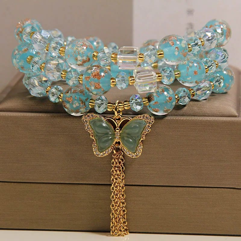 Buddha Stones Blue Liuli Glaas Bead Butterfly Transformation Triple Wrap Bracelet - image 9