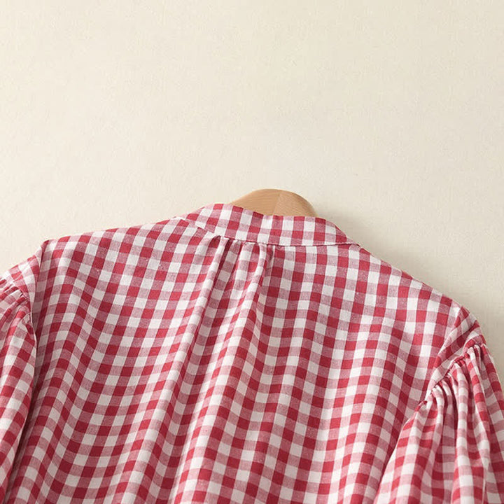 Buddha Stones Spring Casual Vintage Button-Up Gingham Women's Long Sleeve Dress With Pockets - image 3