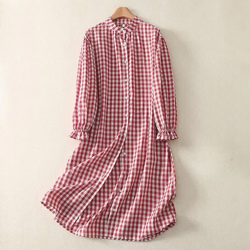 Buddha Stones Spring Casual Vintage Button-Up Gingham Women's Long Sleeve Dress With Pockets - LightCoral - US14, UK/AU18, EU46 (2XL) - image 0