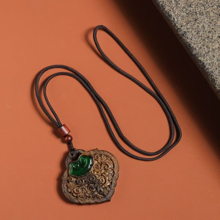 Buddha Stones Sappanwood Carved Green Agate Luck Lock of Good Wishes Necklace - image 2