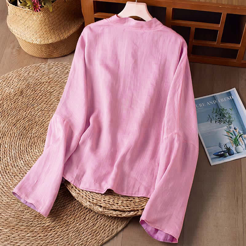 Buddha Stones Spring Fall Tang Style Casual Crew Neck Solid Reversible Design Women's Long Sleeve Shirts With Pocket - image 12