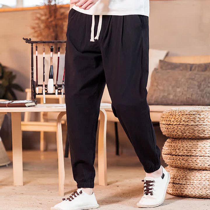 Buddha Stones Spring Summer Casual Minimalist Drawstring Solid Cropped Pants Men's Tapered Pants With Pocket - Black - US/UK/AU46, EU56 (5XL) - image 21