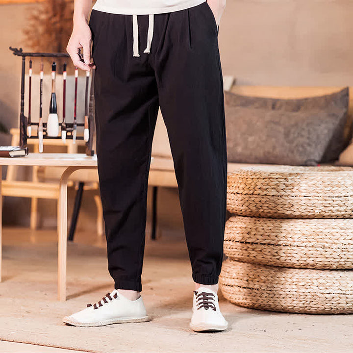 Buddha Stones Spring Summer Casual Minimalist Drawstring Solid Cropped Pants Men's Tapered Pants With Pocket - image 22