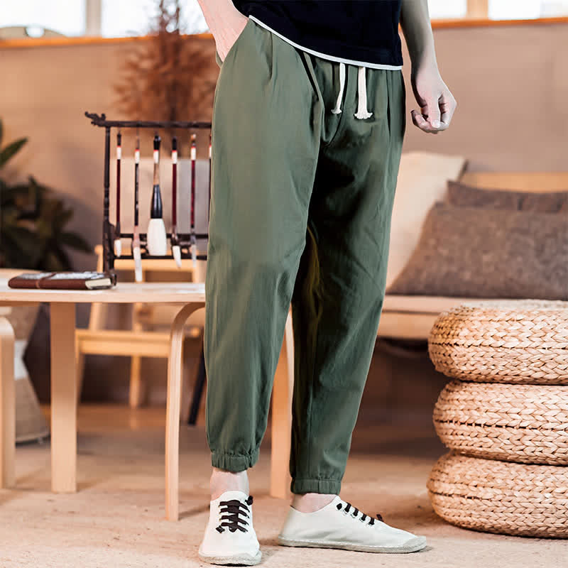 Buddha Stones Spring Summer Casual Minimalist Drawstring Solid Cropped Pants Men's Tapered Pants With Pocket - image 37