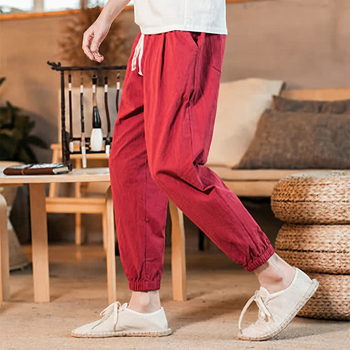 Buddha Stones Spring Summer Casual Minimalist Drawstring Solid Cropped Pants Men's Tapered Pants With Pocket - FireBrick - US/UK/AU46, EU56 (5XL) - image 42