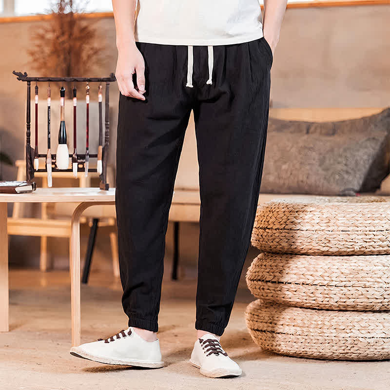 Buddha Stones Spring Summer Casual Minimalist Drawstring Solid Cropped Pants Men's Tapered Pants With Pocket - image 27