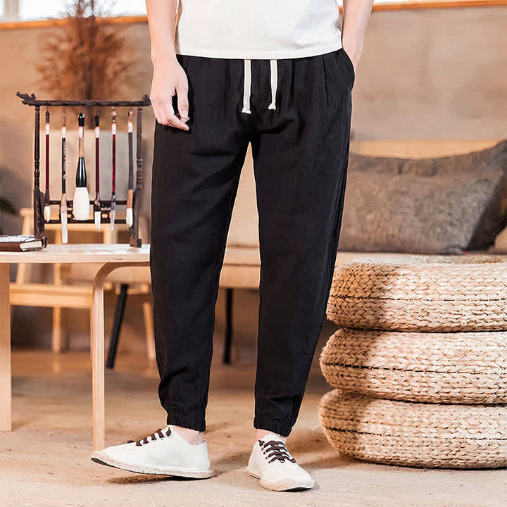 Buddha Stones Spring Summer Casual Minimalist Drawstring Solid Cropped Pants Men's Tapered Pants With Pocket - image 27