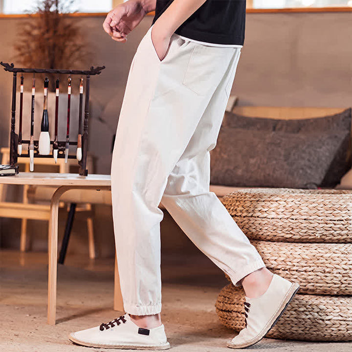 Buddha Stones Spring Summer Casual Minimalist Drawstring Solid Cropped Pants Men's Tapered Pants With Pocket - image 34