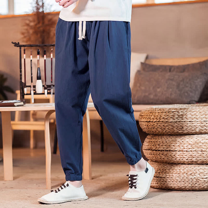 Buddha Stones Spring Summer Casual Minimalist Drawstring Solid Cropped Pants Men's Tapered Pants With Pocket - image 6
