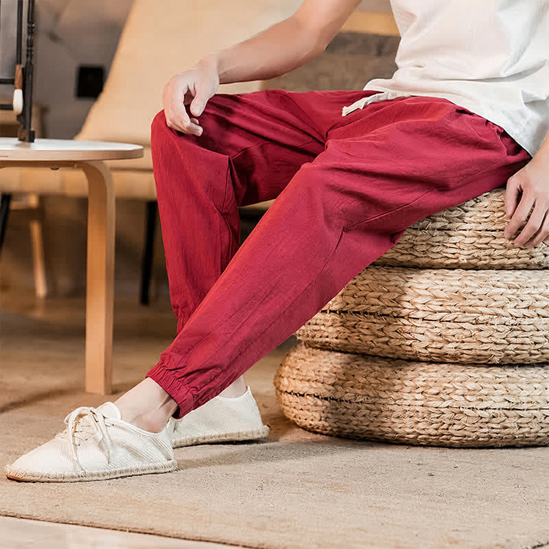 Buddha Stones Spring Summer Casual Minimalist Drawstring Solid Cropped Pants Men's Tapered Pants With Pocket - image 48
