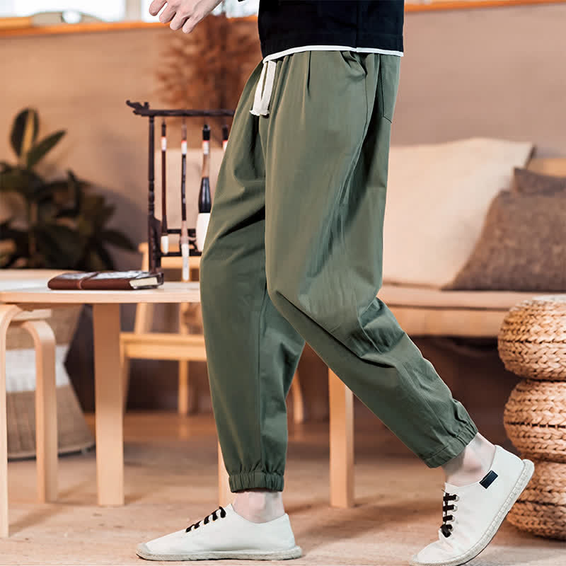Buddha Stones Spring Summer Casual Minimalist Drawstring Solid Cropped Pants Men's Tapered Pants With Pocket - image 40