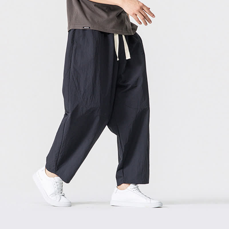 Buddha Stones Spring Summer Casual Minimalist Drawstring Solid Cropped Pants Men's Harem Pants With Pockets - image 12