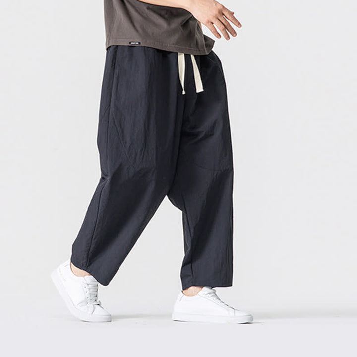 Buddha Stones Spring Summer Casual Minimalist Drawstring Solid Cropped Pants Men's Harem Pants With Pockets - image 12