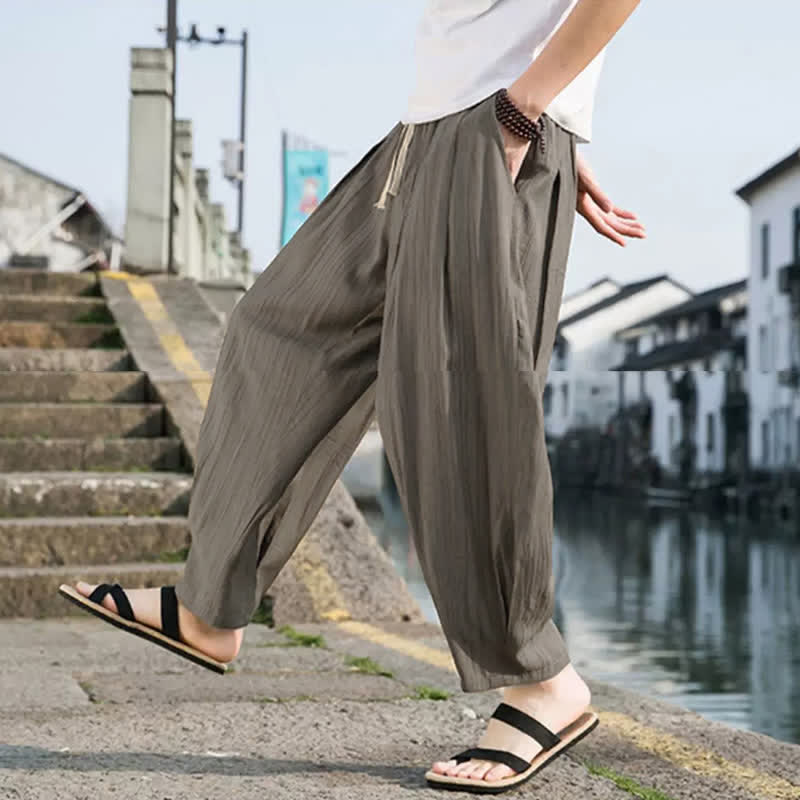 Buddha Stones Summer Casual Drawstring Solid Cropped Pants Men's Straight Leg Pants With Pocket - image 6