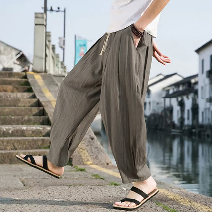 Buddha Stones Summer Casual Drawstring Solid Cropped Pants Men's Straight Leg Pants With Pocket - image 6