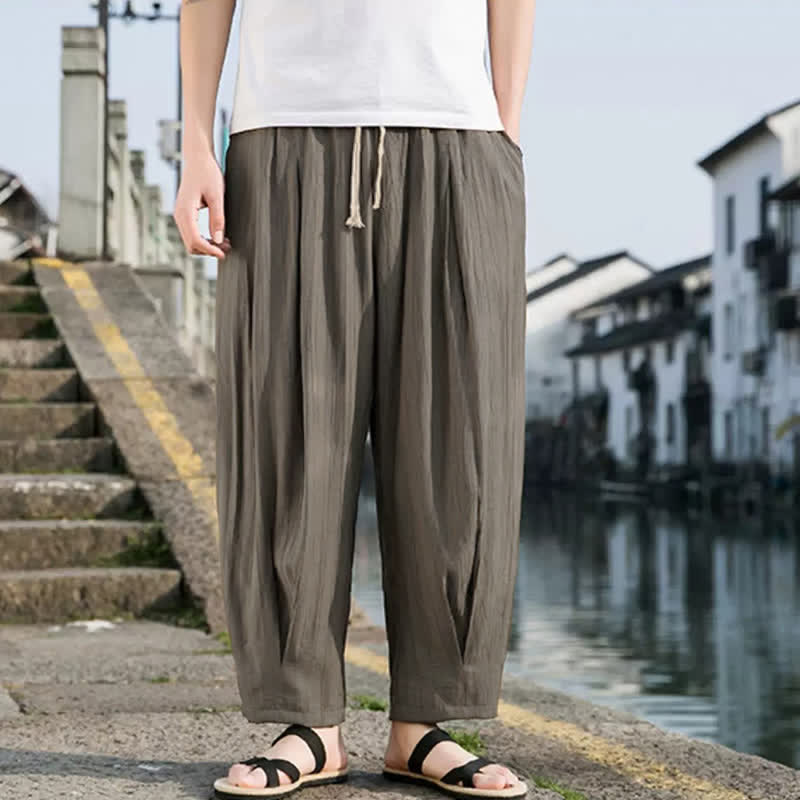 Buddha Stones Summer Casual Drawstring Solid Cropped Pants Men's Straight Leg Pants With Pocket - image 1
